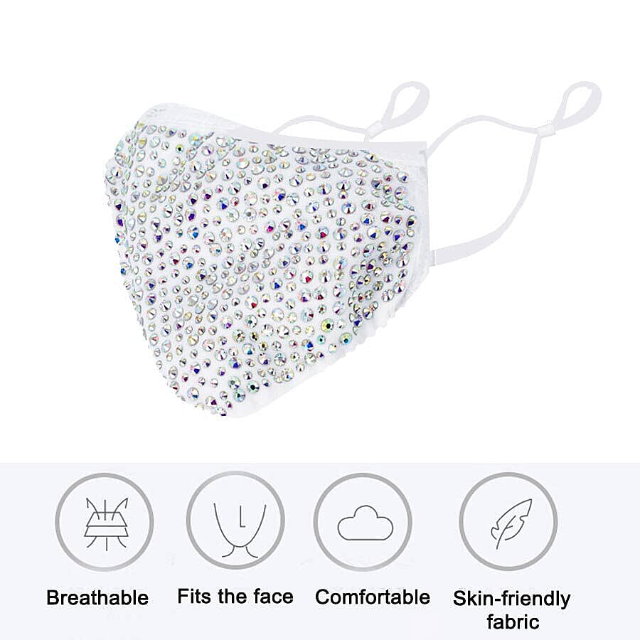 2 Layer Fashion Face Cover Silver Reusable Aurora Borealis Crystal Covered