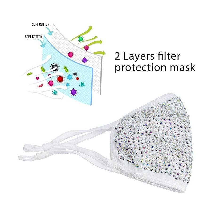 2 Layer Fashion Face Cover Silver Reusable Aurora Borealis Crystal Covered