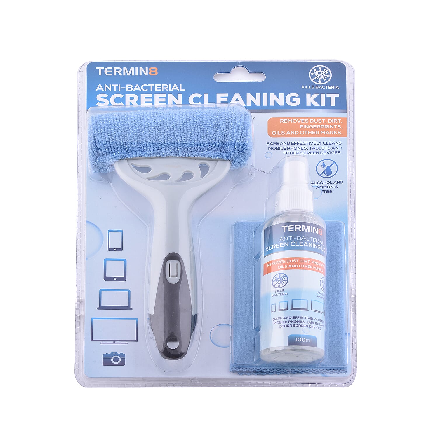 Termin8 Anti-bacterial Claening Kit with Screen Cleaning Cloth (20x20cm) - 100ml