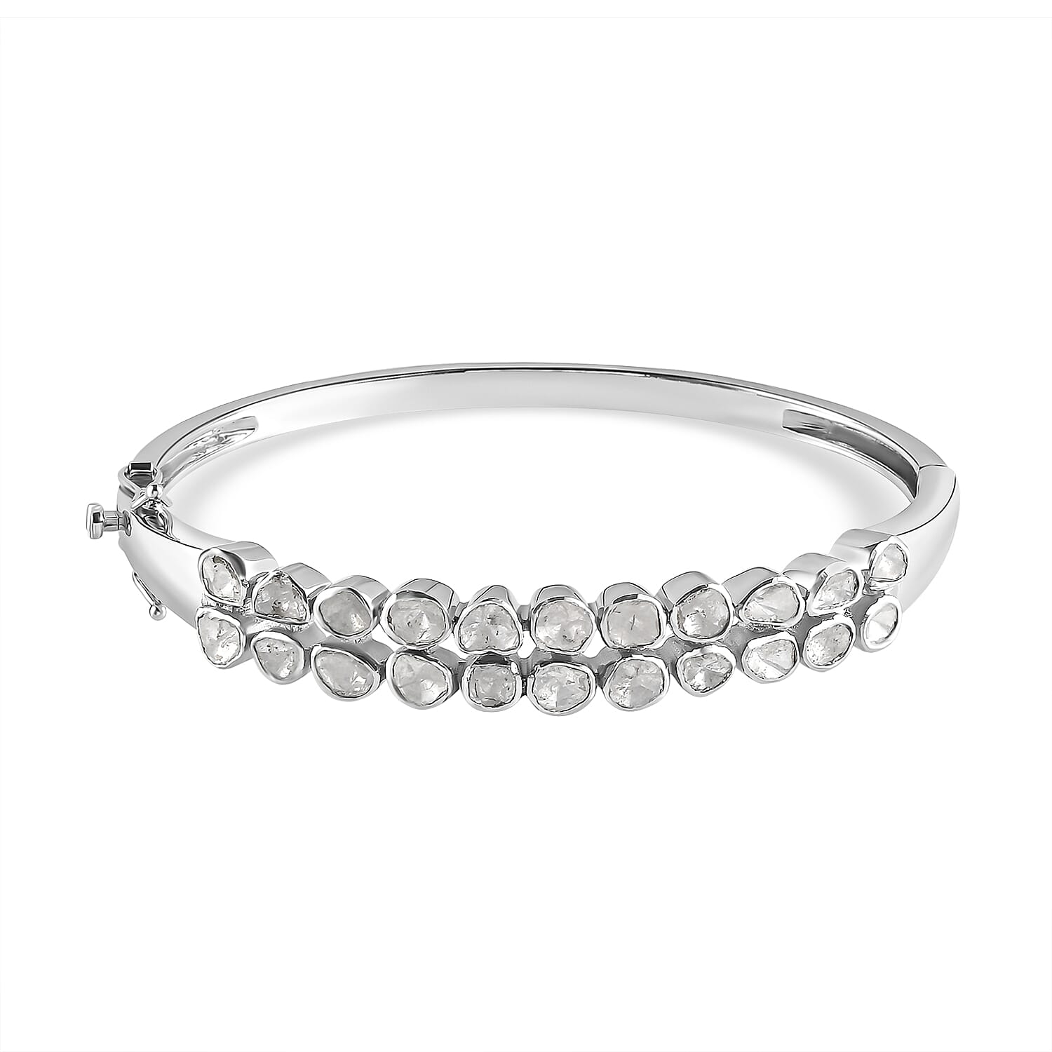 Artisan Crafted Polki Diamond Bangle (Size 7.5) in Platinum Overlay Sterling Silver 4.00 Ct, Silver wt 20.80 Gms
