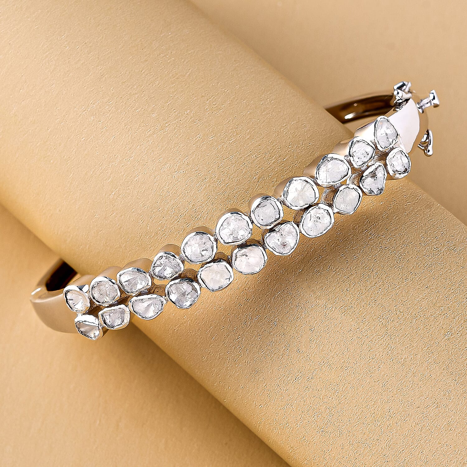 Artisan Crafted Polki Diamond Bangle (Size 7.5) in Platinum Overlay Sterling Silver 4.00 Ct, Silver wt 20.80 Gms