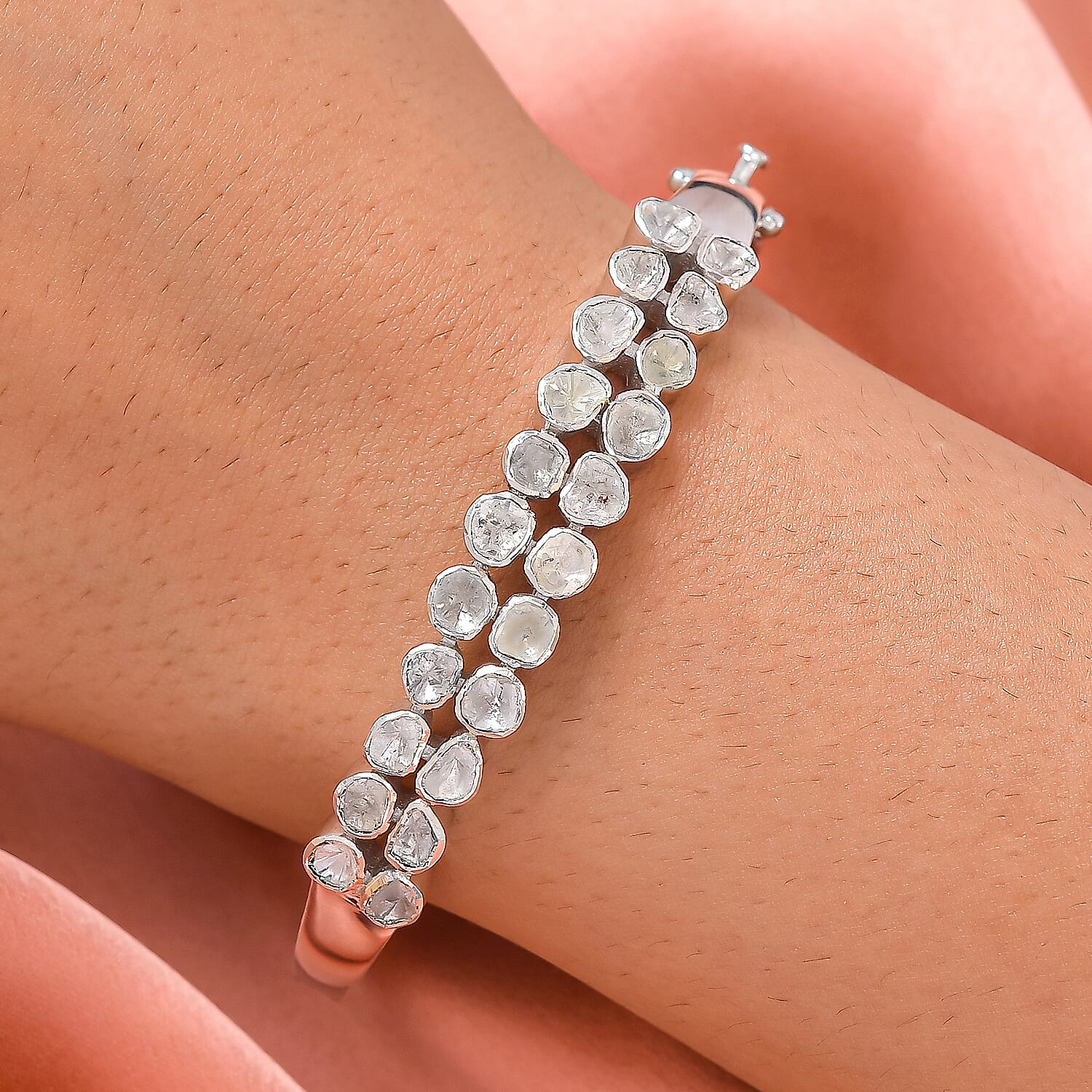 Artisan Crafted Polki Diamond Bangle (Size 7.5) in Platinum Overlay Sterling Silver 4.00 Ct, Silver wt 20.80 Gms