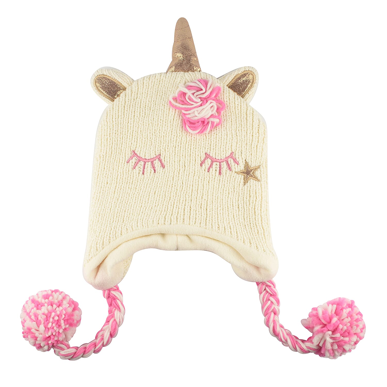 Thomas Calvi Childrens Unicorn Winter Bobble Hat with Braided Tassels (One Size Fits All) - Cream and Pink