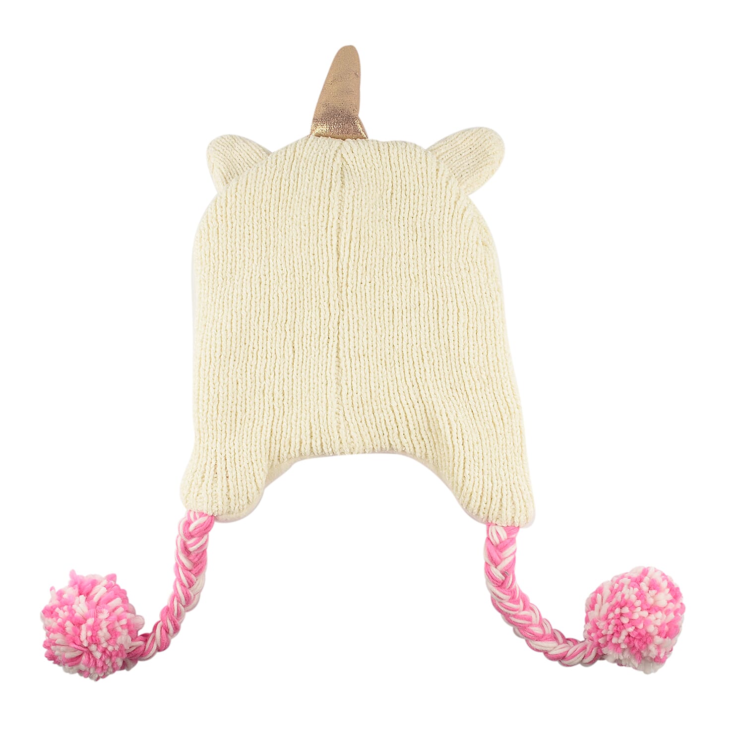 Thomas Calvi Childrens Unicorn Winter Bobble Hat with Braided Tassels (One Size Fits All) - Cream and Pink