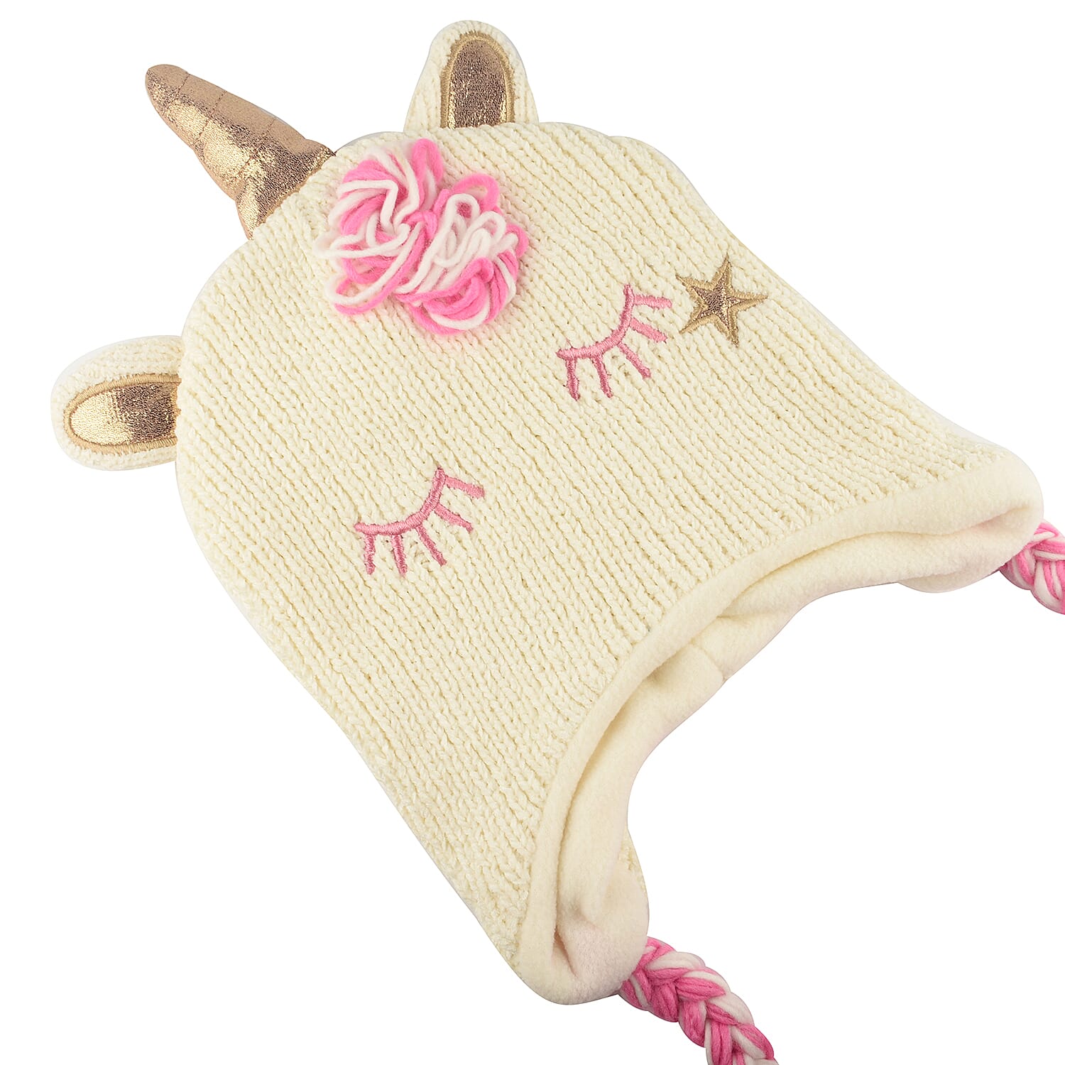 Thomas Calvi Childrens Unicorn Winter Bobble Hat with Braided Tassels (One Size Fits All) - Cream and Pink