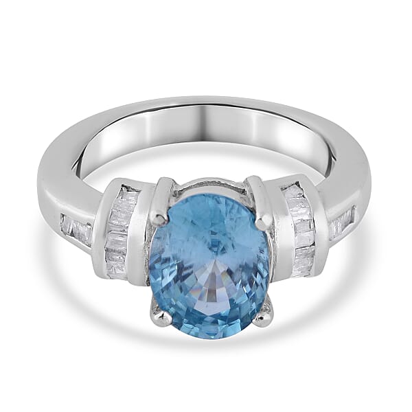 3.15 Ct. Ratanakiri Blue Zircon and White Diamond Ring in Sterling ...