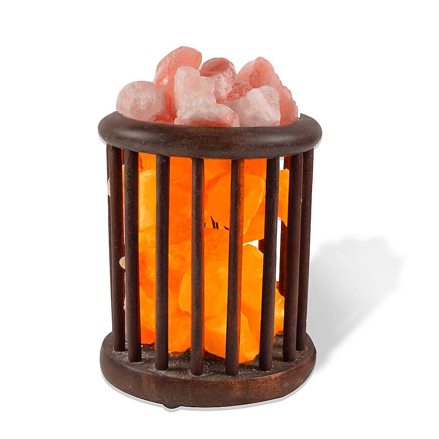 Himalayan Salt Chunk Lamp With Wooden Cylinder Basket (Size- 15.2x15.3x22.8cm, Weight- 4 Kgs)