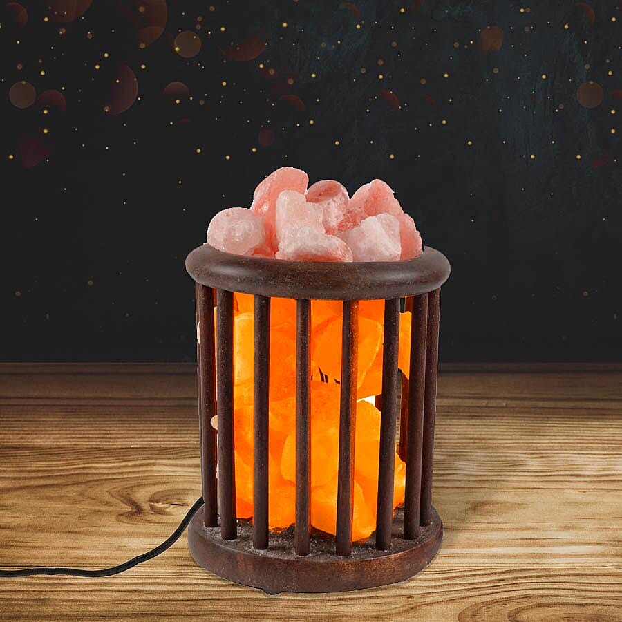 Himalayan Salt Chunk Lamp With Wooden Cylinder Basket (Size- 15.2x15.3x22.8cm, Weight- 4 Kgs)