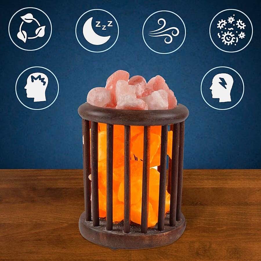 Himalayan Salt Chunk Lamp With Wooden Cylinder Basket (Size- 15.2x15.3x22.8cm, Weight- 4 Kgs)