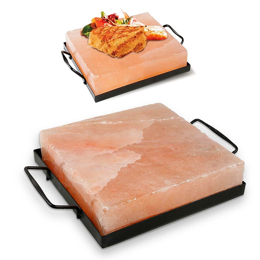 LIMITED AVAILABLE- Himalayan Salt Square Cooking Plates with Metal Holder (Size: 21x21, Weight: 5.5kgs)