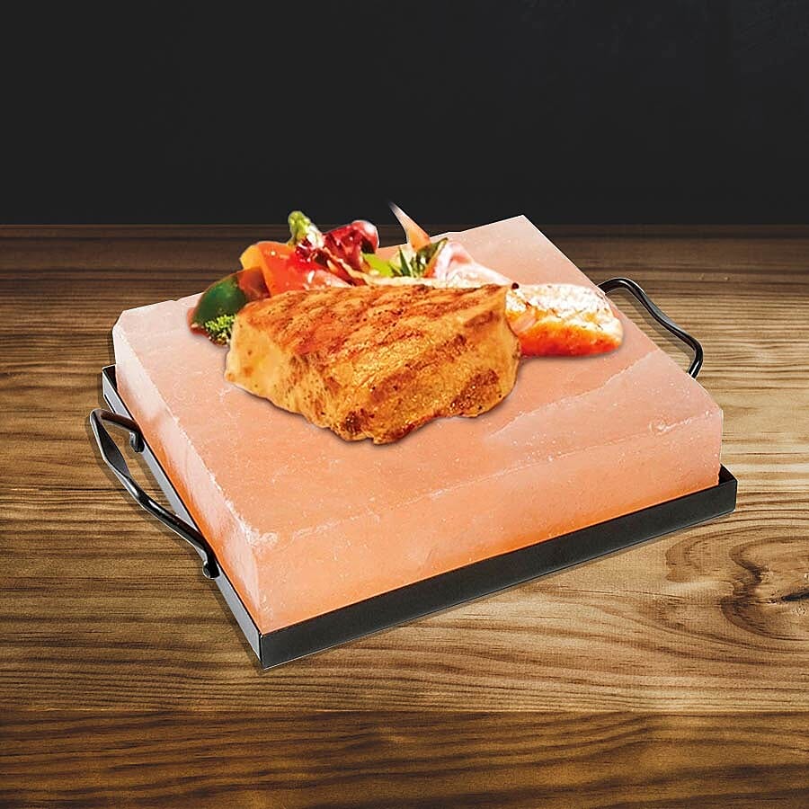 LIMITED AVAILABLE- Himalayan Salt Square Cooking Plates with Metal Holder (Size: 21x21, Weight: 5.5kgs)