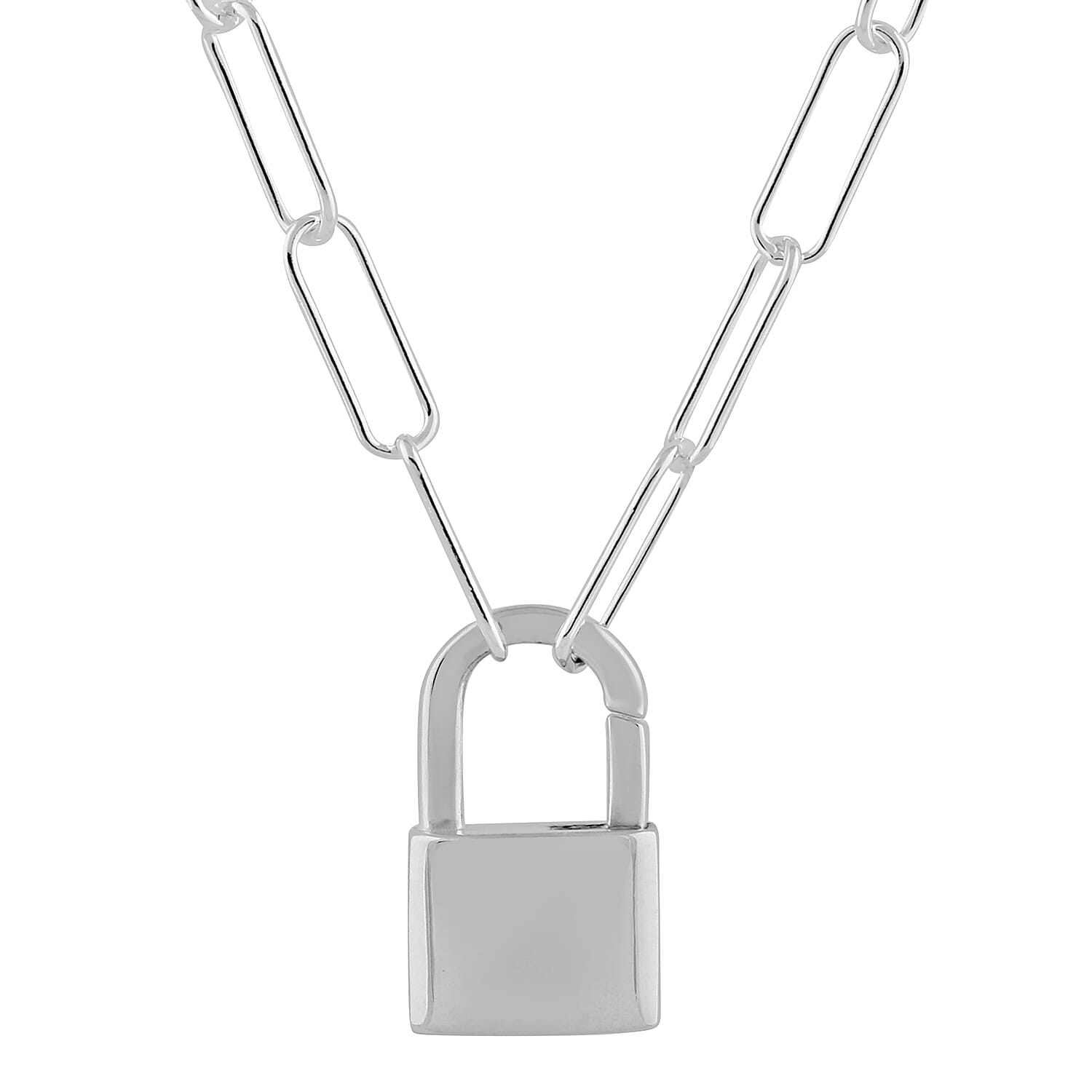 Italian Made - Sterling Silver Link Necklace (Size 26) with Lock Pendant