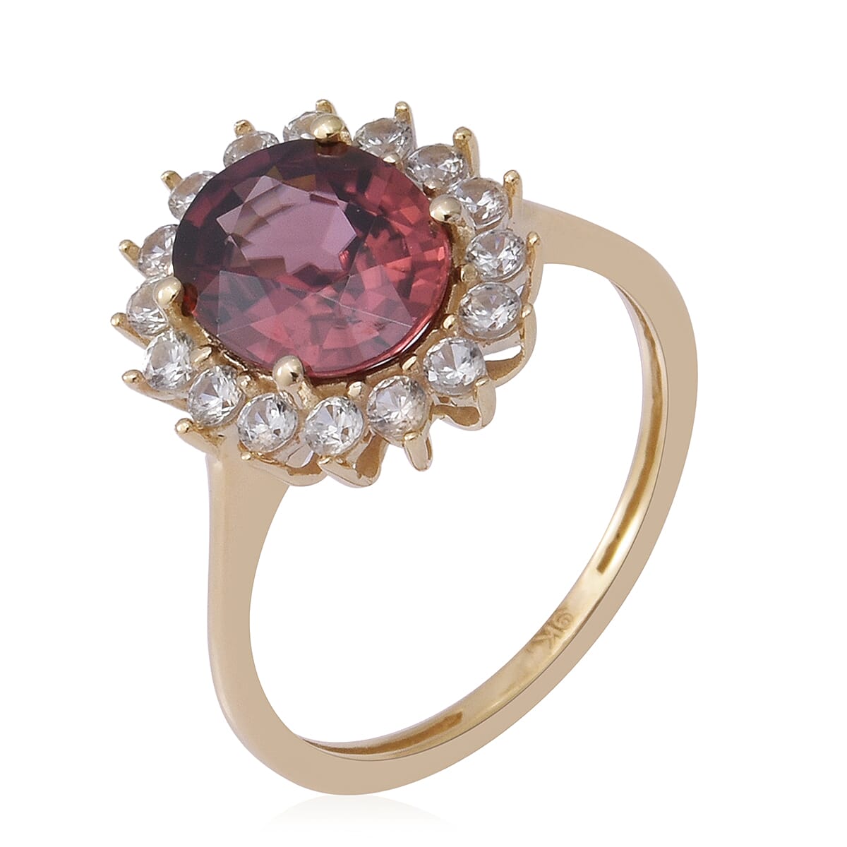 9K Yellow Gold Tanzanian Pink Zircon & Natural Zircon Halo Ring 5.54 Ct.