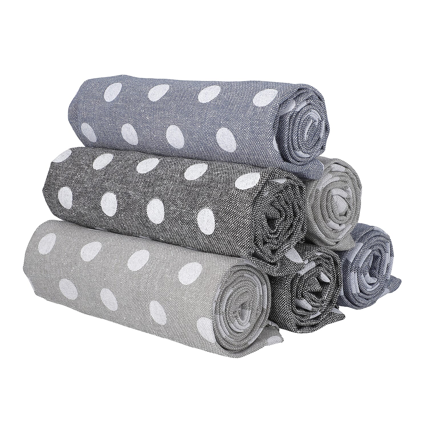 Set of 6 - 100% Cotton Polka Dot Printed Kitchen Towels (50x70cm) - Blue, Black an Grey
