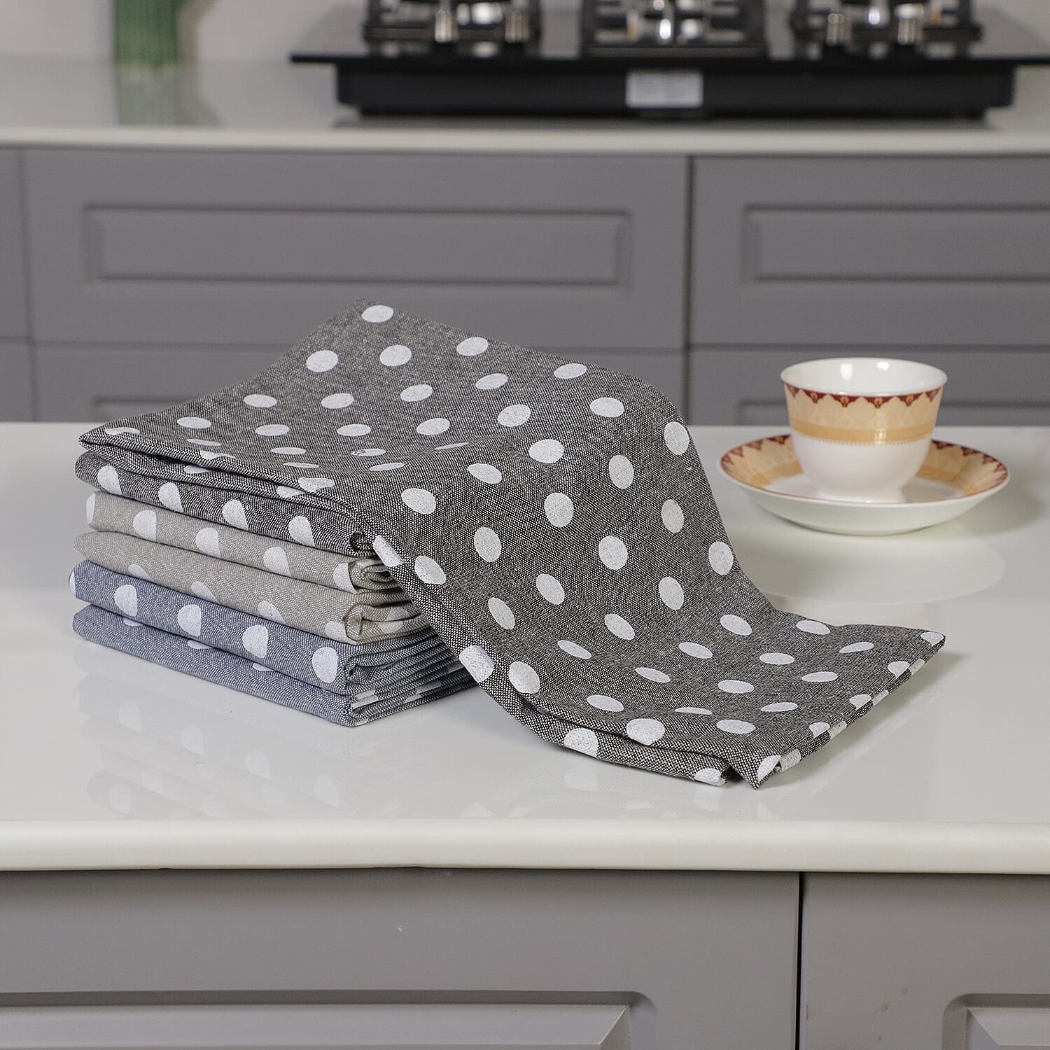 Set of 6 - 100% Cotton Polka Dot Printed Kitchen Towels (50x70cm) - Blue, Black an Grey