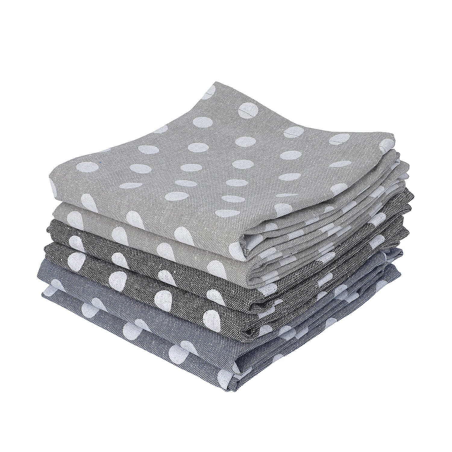 Set of 6 - 100% Cotton Polka Dot Printed Kitchen Towels (50x70cm) - Blue, Black an Grey