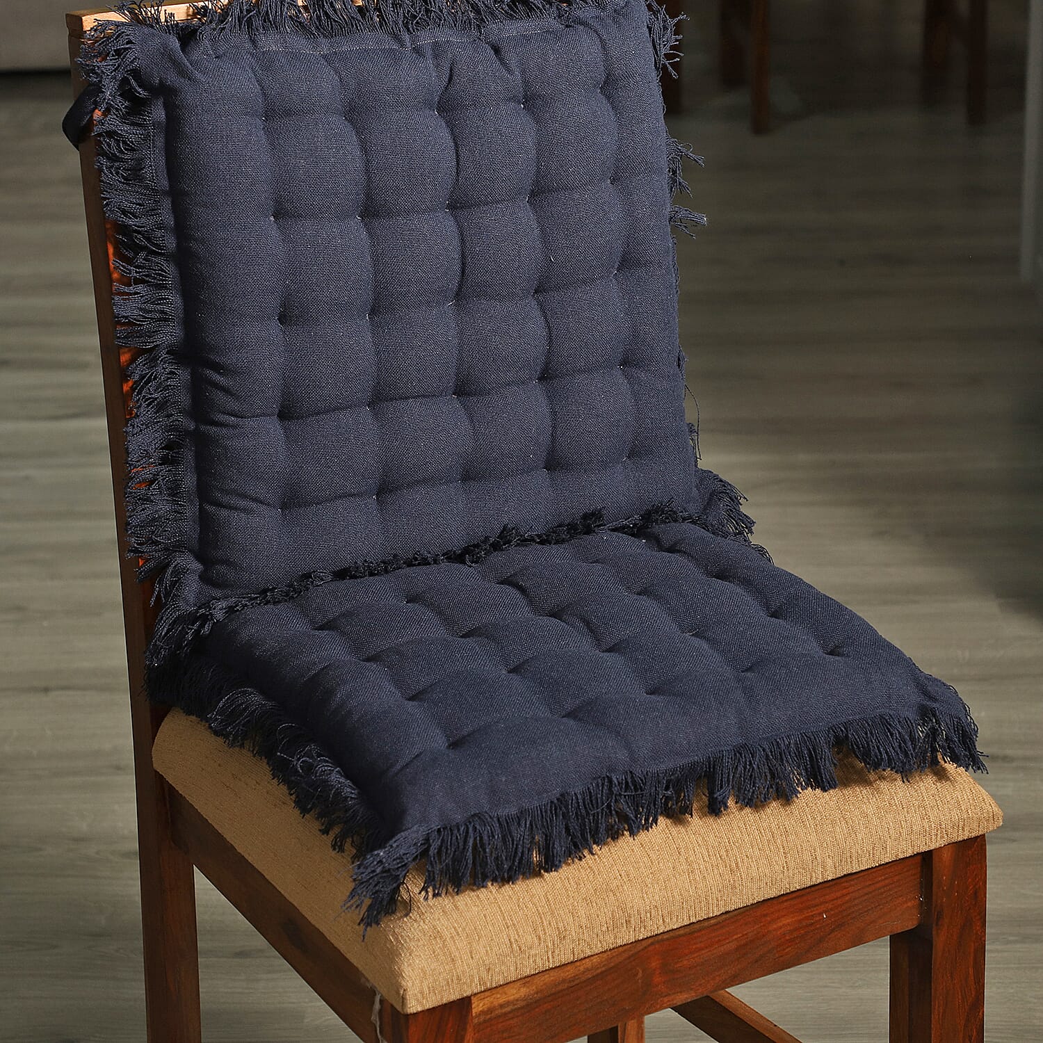 Set of 2 - 100% Cotton Cover and Filled Chair Pads with Fringes (40 cm) - Navy