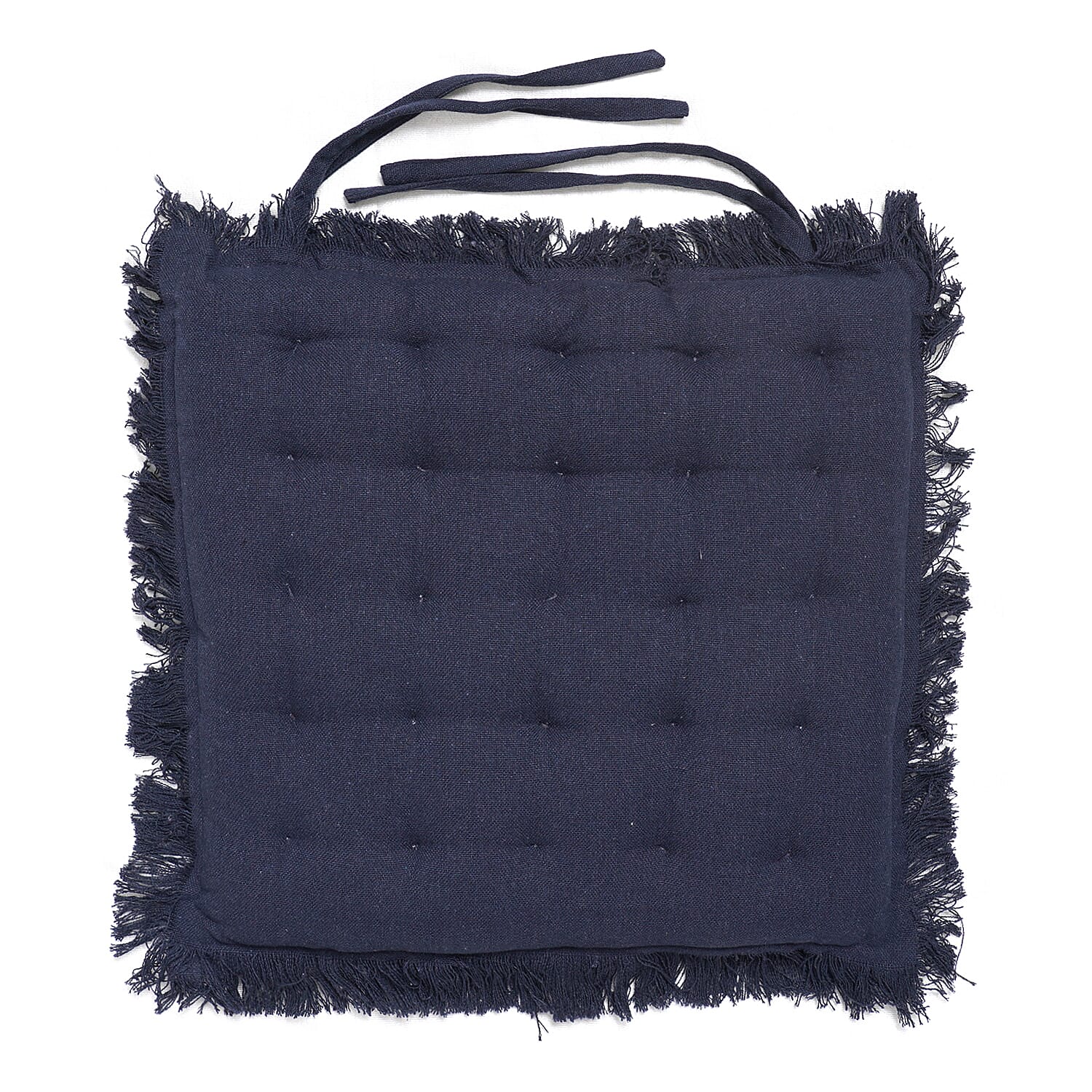 Set of 2 - 100% Cotton Cover and Filled Chair Pads with Fringes (40 cm) - Navy