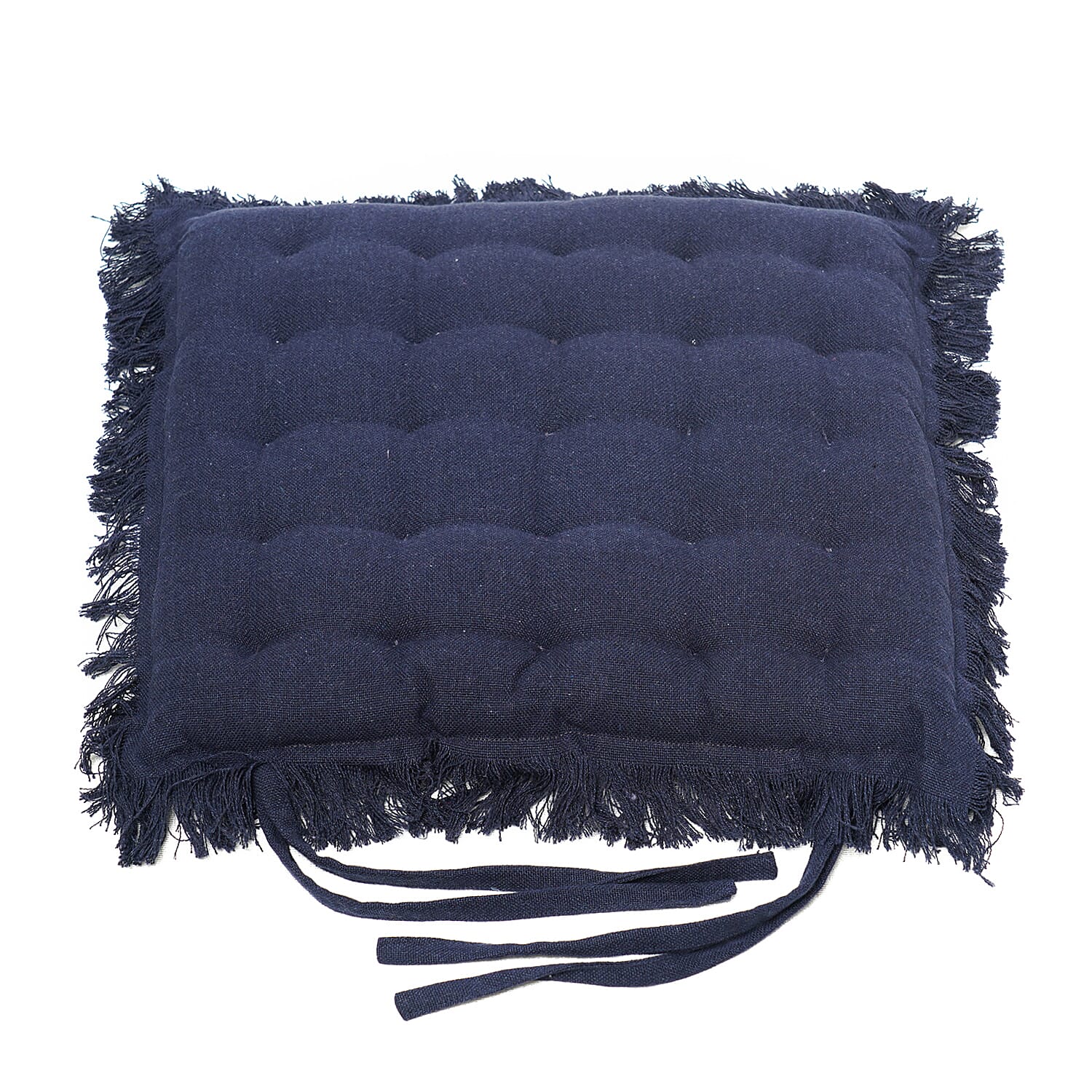 Set of 2 - 100% Cotton Cover and Filled Chair Pads with Fringes (40 cm) - Navy