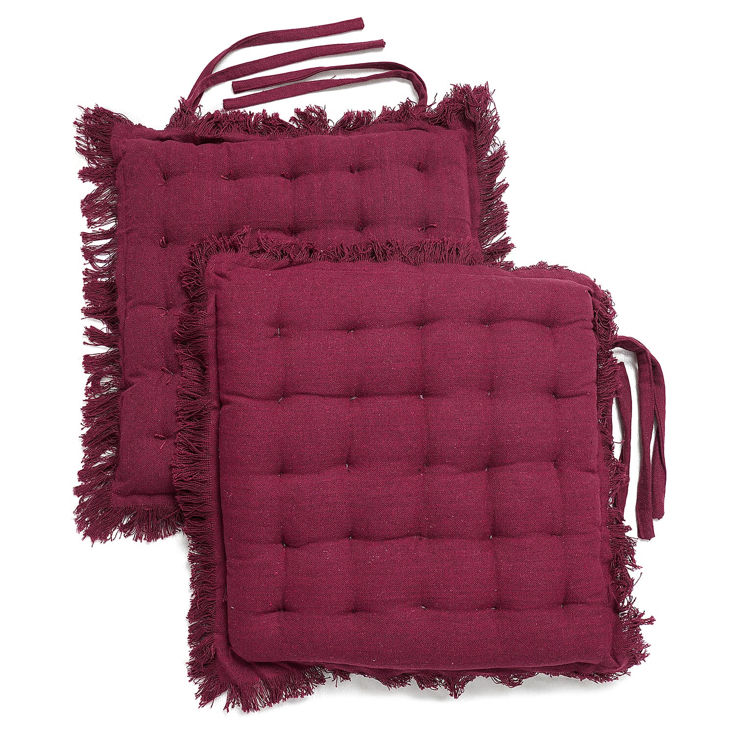 Set of 2 - 100% Cotton Cover and Filled Chair Pads with Fringes (40 cm) - Wine Red