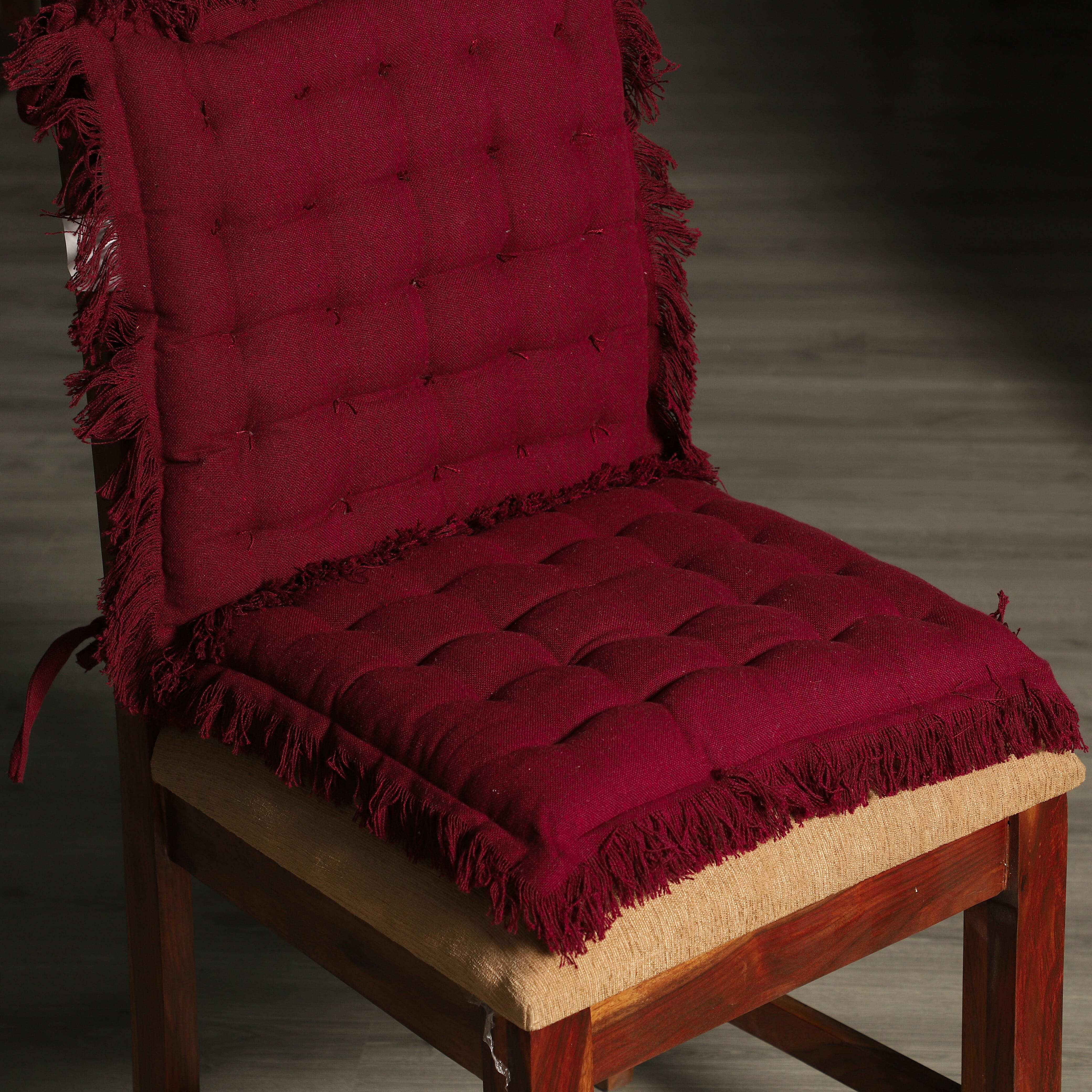 Set of 2 - 100% Cotton Cover and Filled Chair Pads with Fringes (40 cm) - Wine Red