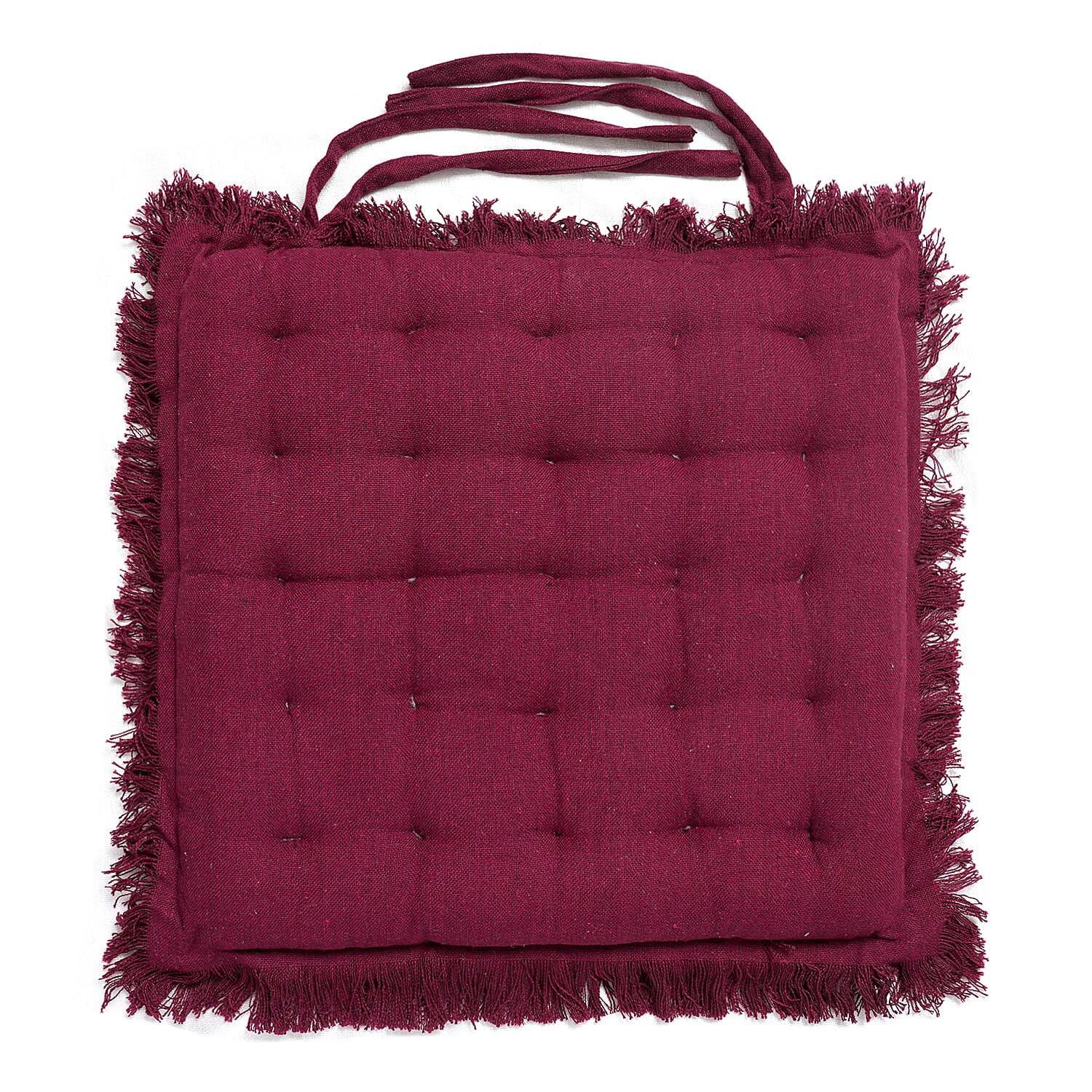Set of 2 - 100% Cotton Cover and Filled Chair Pads with Fringes (40 cm) - Wine Red