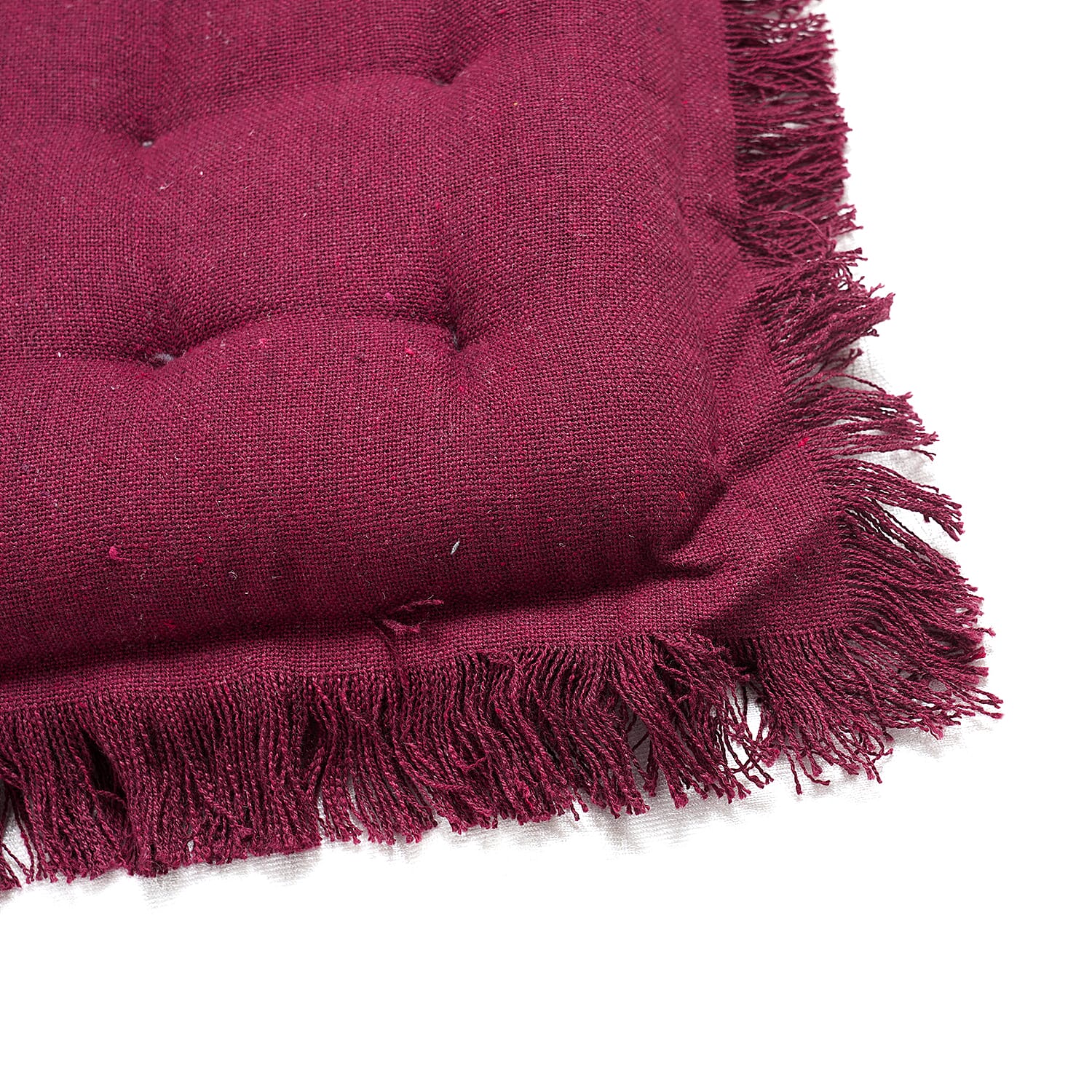 Set of 2 - 100% Cotton Cover and Filled Chair Pads with Fringes (40 cm) - Wine Red