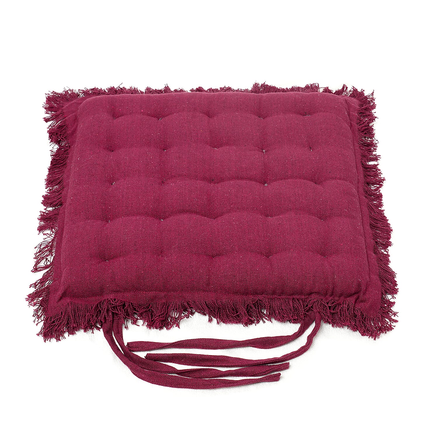 Set of 2 - 100% Cotton Cover and Filled Chair Pads with Fringes (40 cm) - Wine Red