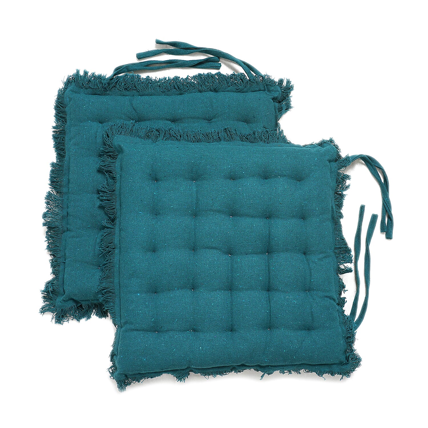Set of 2 - 100% Cotton Cover and Filled Chair Pads with Fringes (40 cm) - Teal