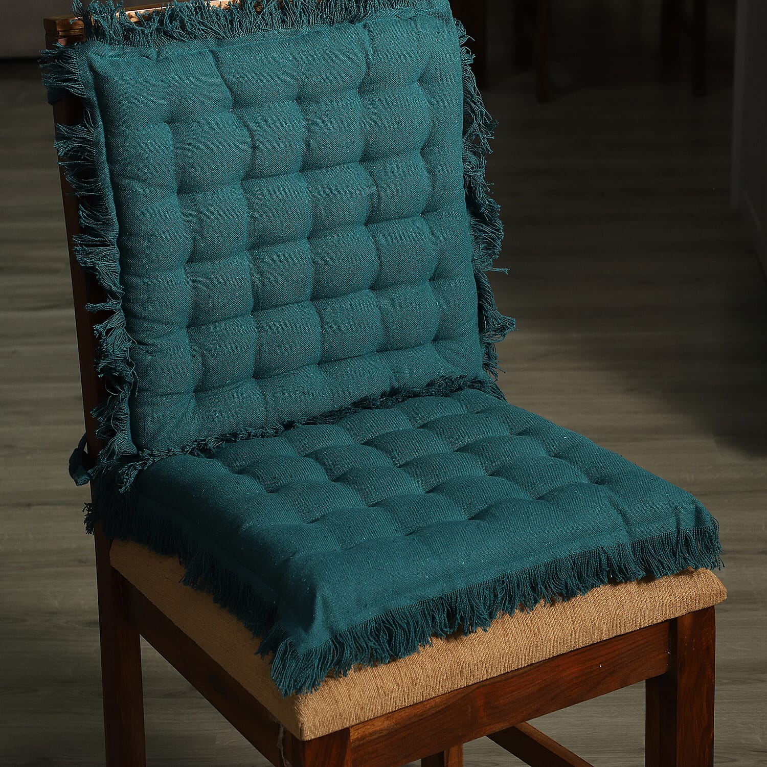 Set of 2 - 100% Cotton Cover and Filled Chair Pads with Fringes (40 cm) - Teal