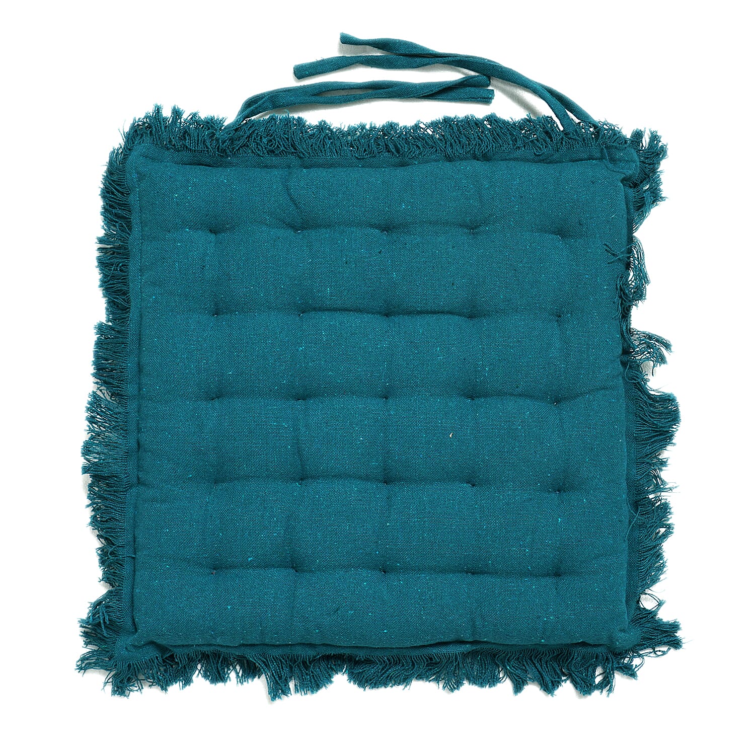 Set of 2 - 100% Cotton Cover and Filled Chair Pads with Fringes (40 cm) - Teal