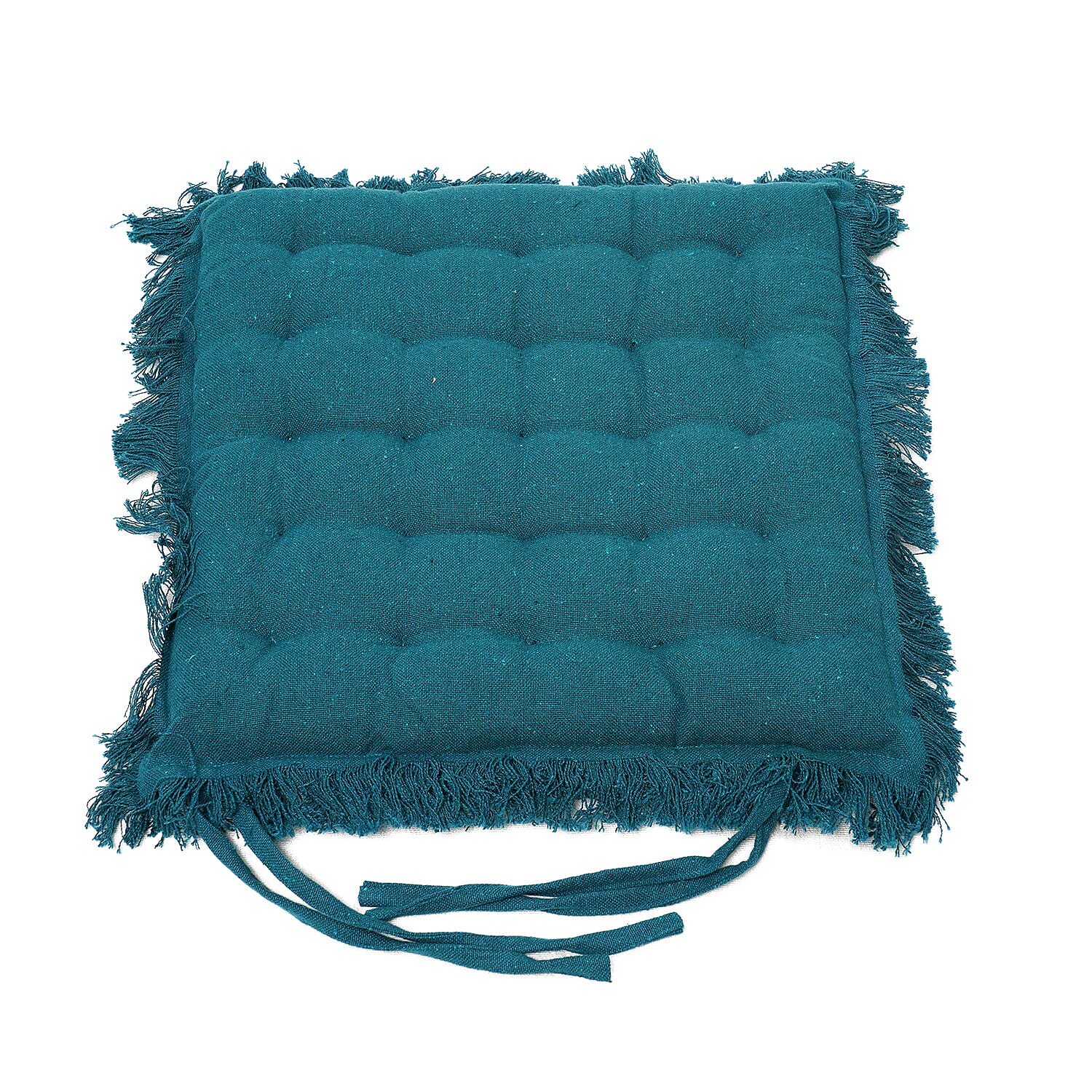 Set of 2 - 100% Cotton Cover and Filled Chair Pads with Fringes (40 cm) - Teal