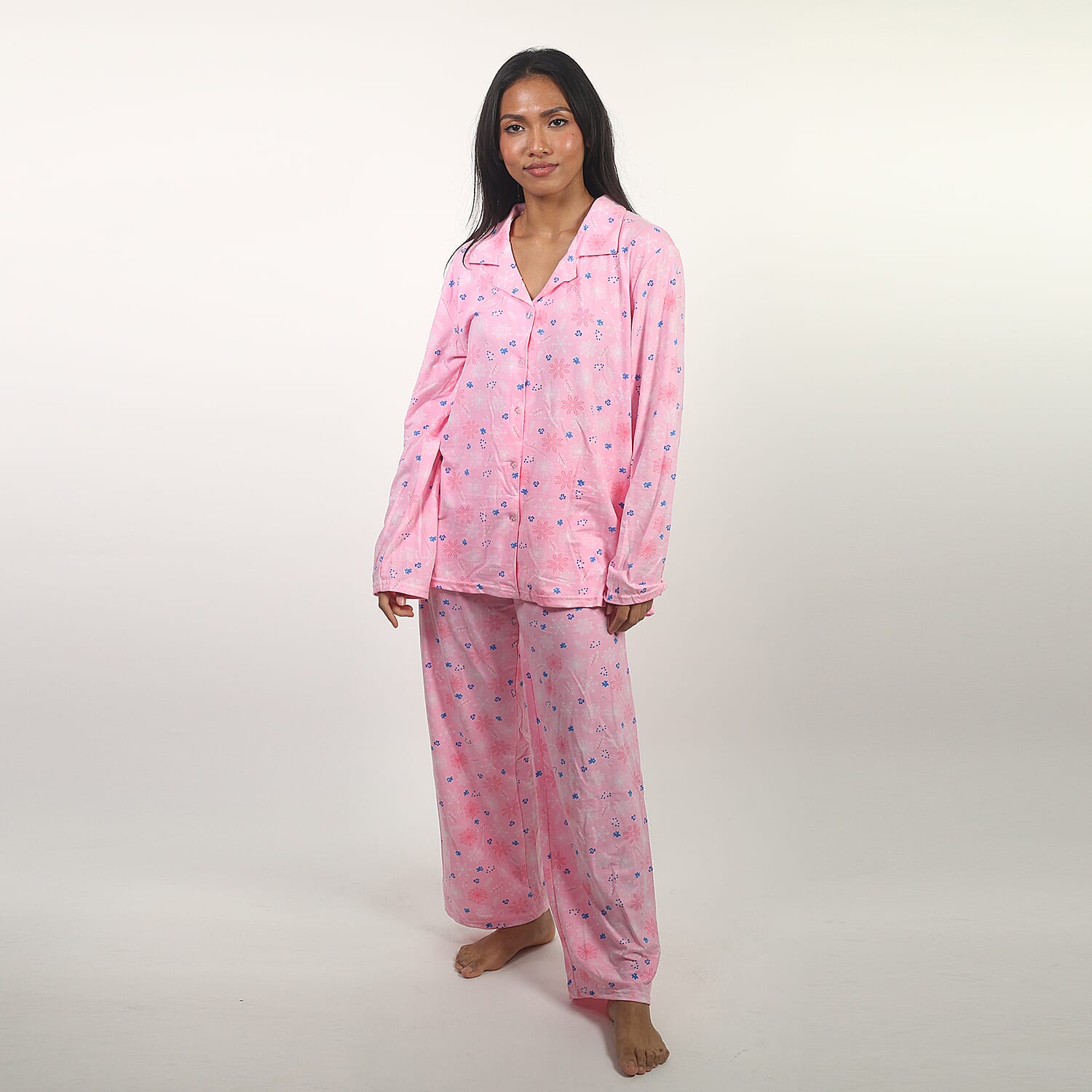 Amanda Paige Sleepwear Pink Soft and Comfortable Floral Pattern Knit Pyjama Set with Notch Collar and Long Sleeve (Size S- 8-10)