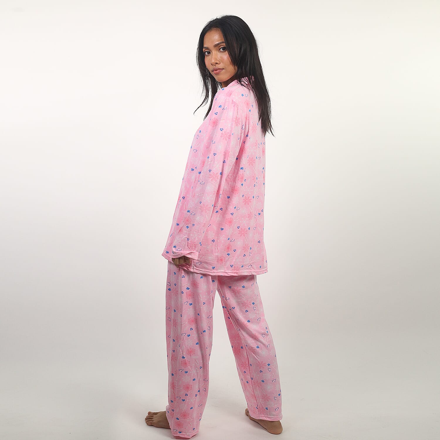 Amanda Paige Sleepwear Pink Soft and Comfortable Floral Pattern Knit Pyjama Set with Notch Collar and Long Sleeve (Size S- 8-10)