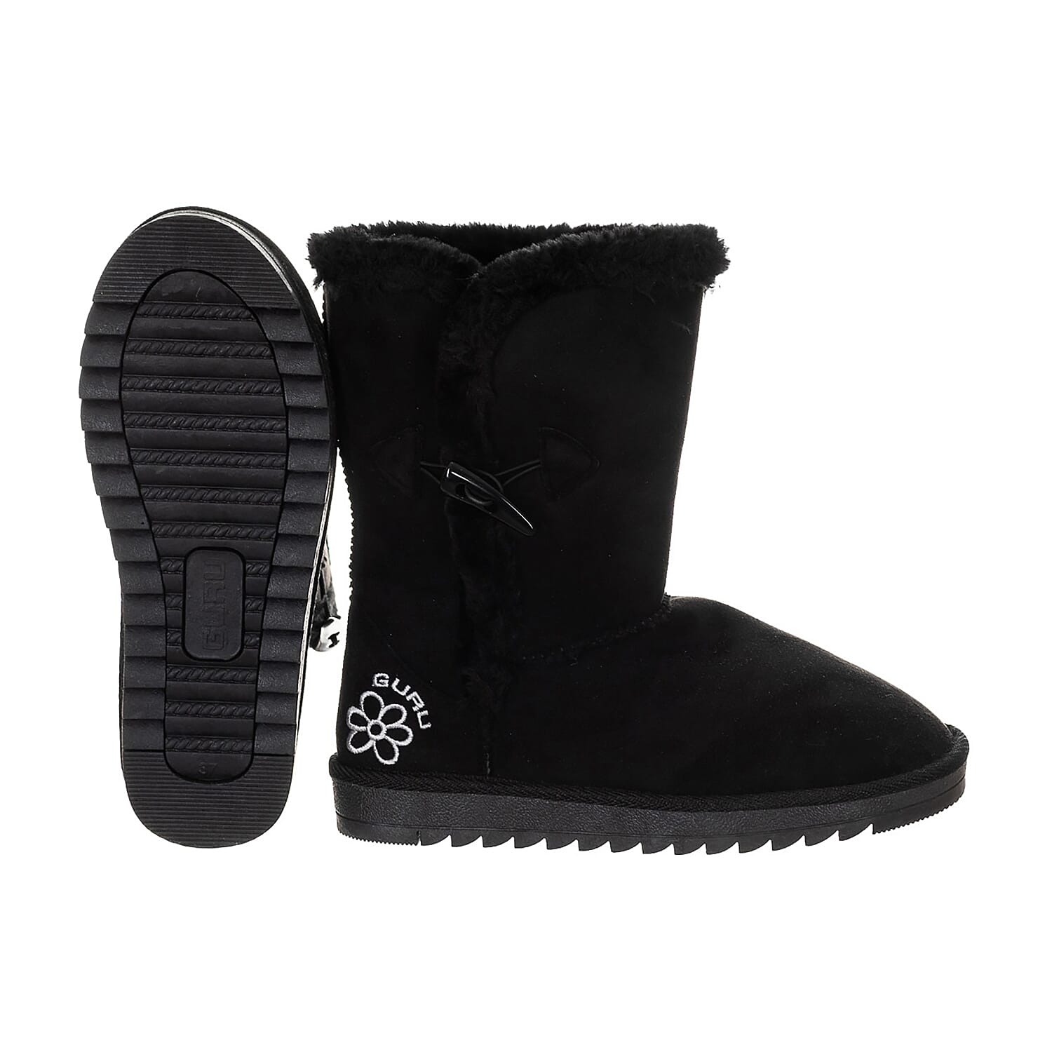 GURU Womens Winter Fluffy Ankle Boots with Button Closure (Size 3) - Black