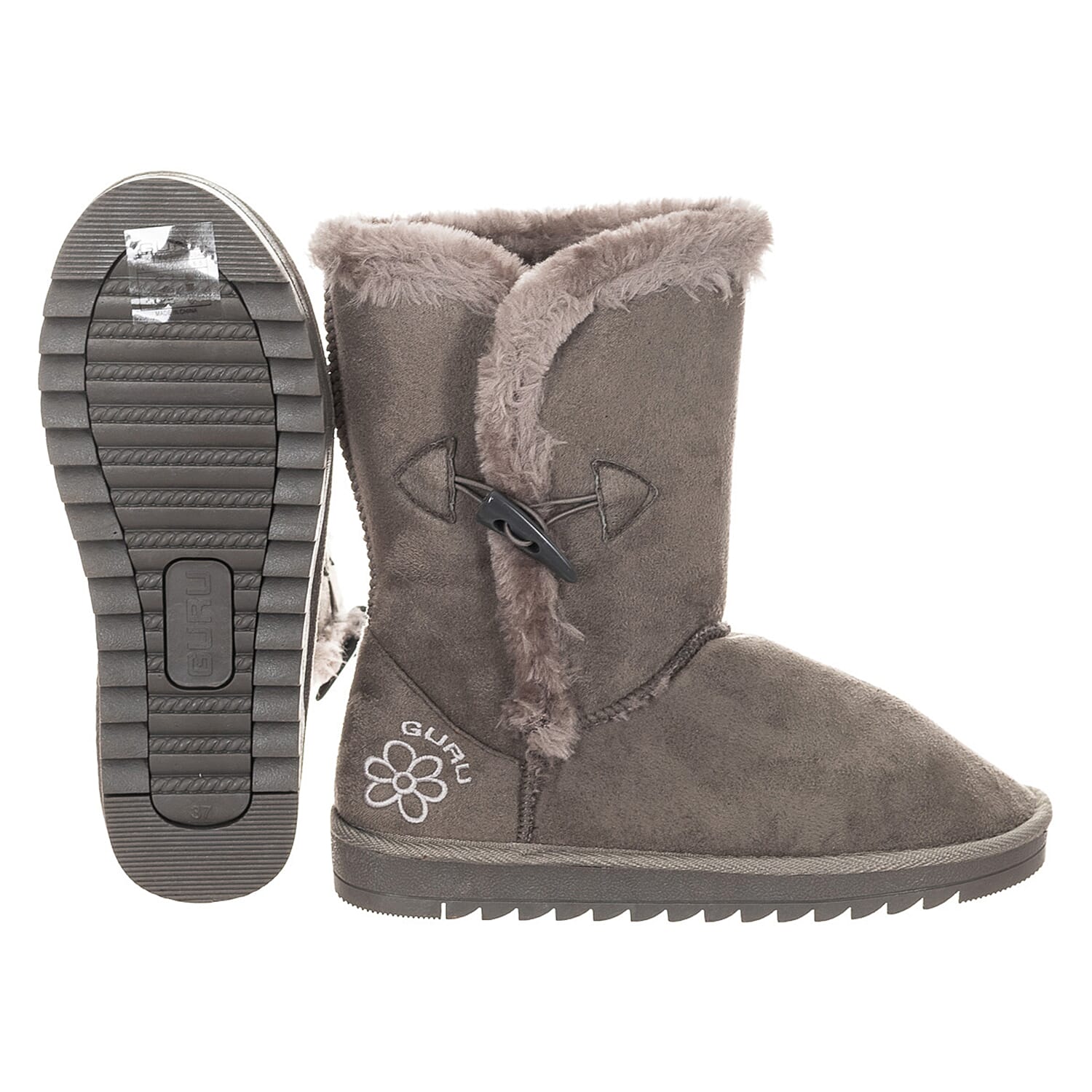 GURU Womens Winter Fluffy Ankle Boots with Button Closure (Size 6) - Grey