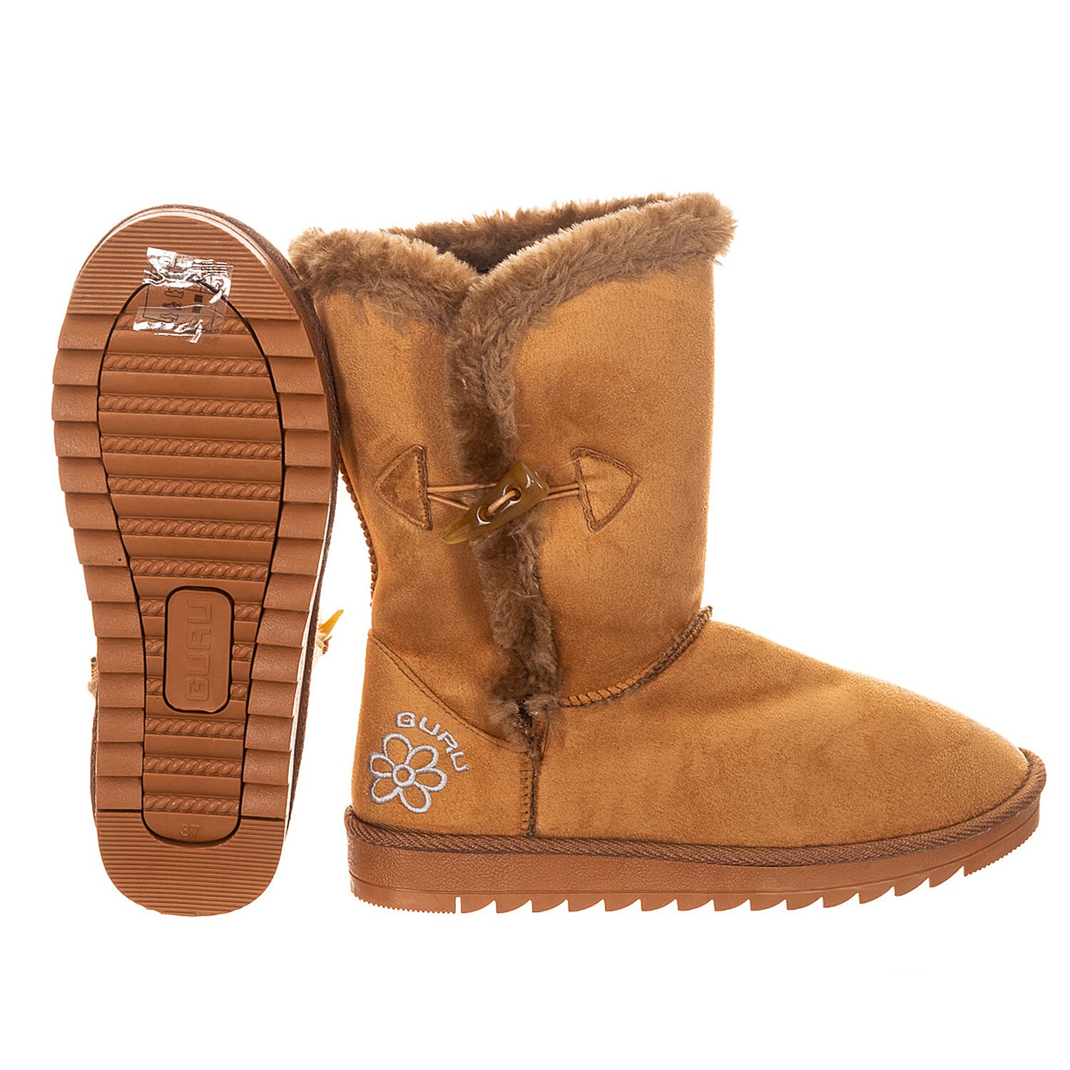 GURU Womens Winter Fluffy Ankle Boots with Button Closure - Tan