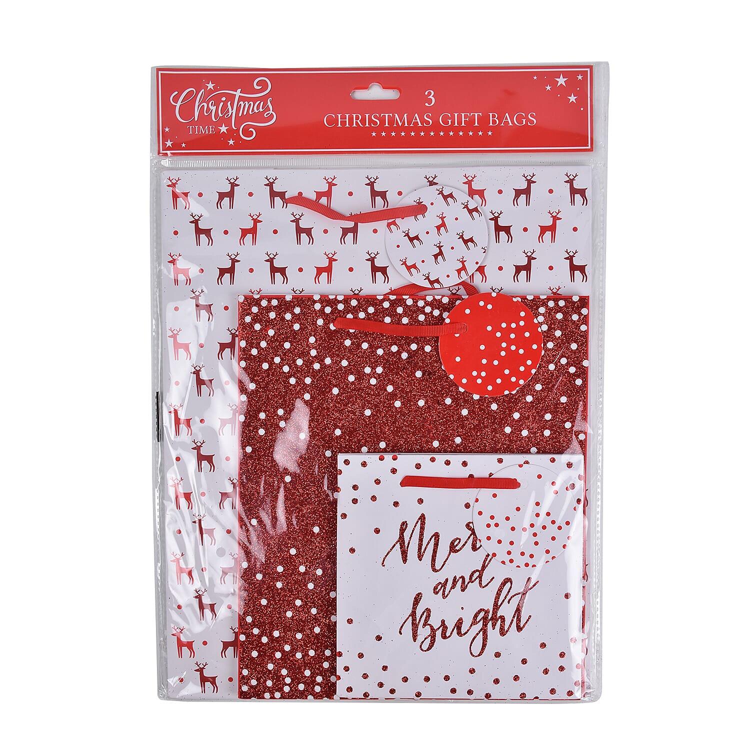 Pack of 3 Christmas Gift Bags - Includes 3 Assorted Red Foil Designs (Merry and Bright)