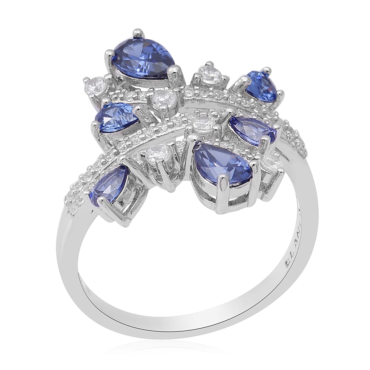 ELANZA AAA Simulated Tanzanite, Simulated Diamond Ring in Rhodium Overlay Sterling Silver