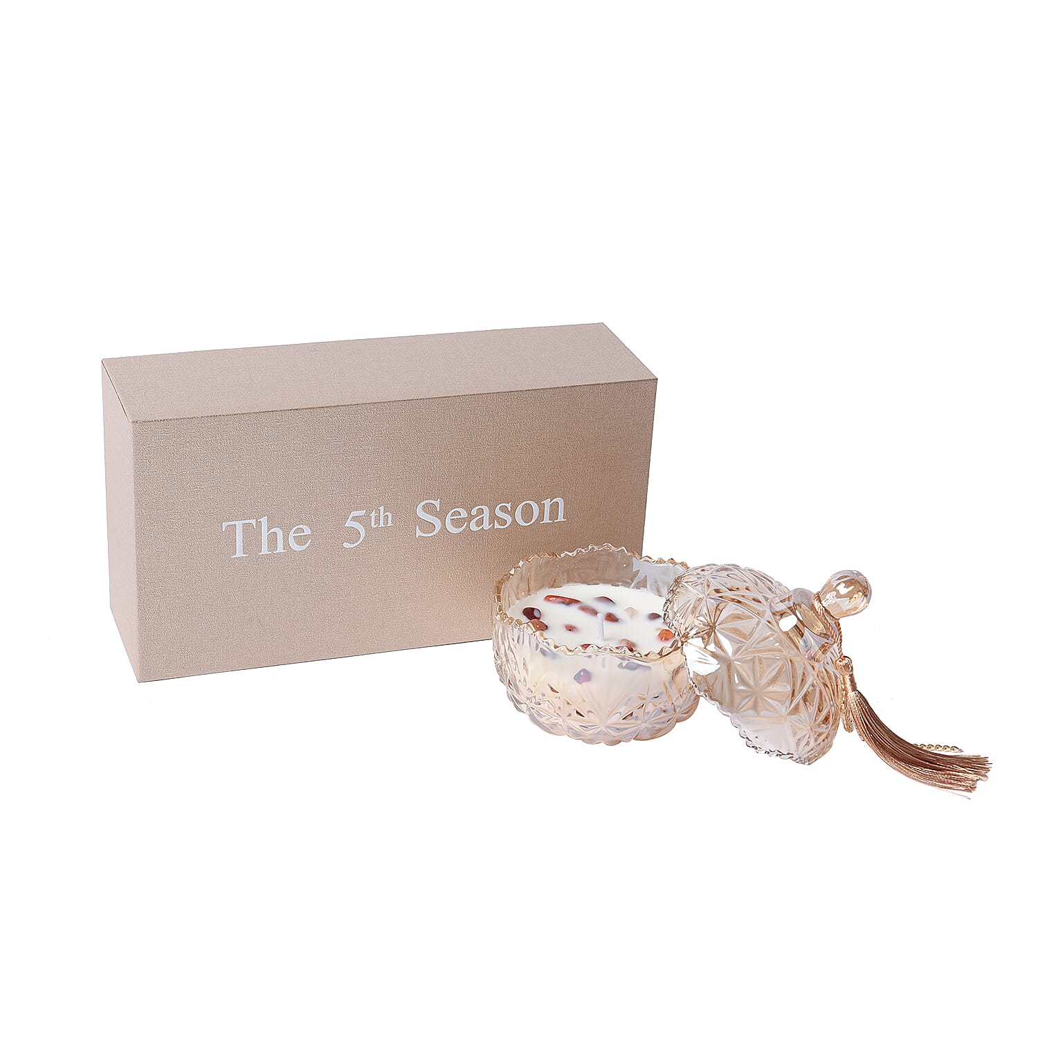 The 5th Season Grasse Style Scented Candle Containing Red Agate Jade in Tassel Design Glass Container