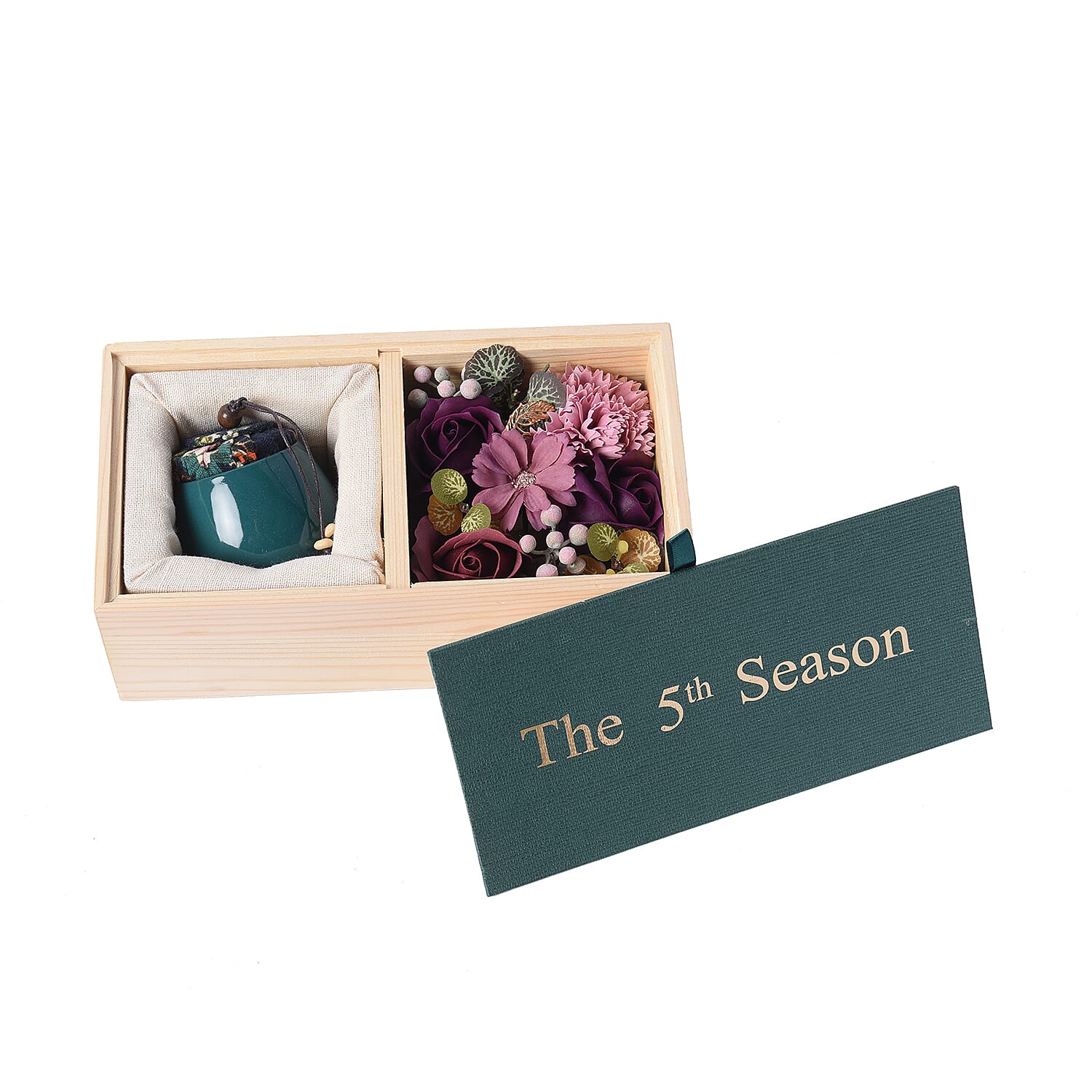 The 5th Season Scented Soy Wax Candle with Artificial Flowers in Wooden Gift Box - Dark Green