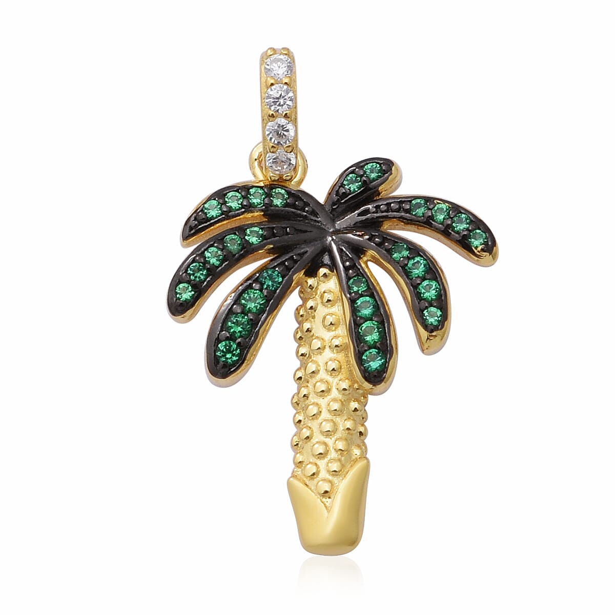 ELANZA AAA Simulated Diamond and Simulated Emerald Palm Tree Pendant in Black Plating, Yellow Gold and Rhodium Overlay Sterling Silver