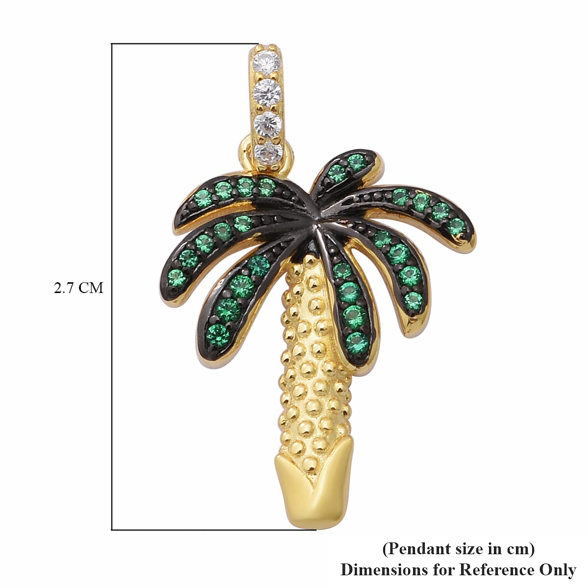 ELANZA AAA Simulated Diamond and Simulated Emerald Palm Tree Pendant in Black Plating, Yellow Gold and Rhodium Overlay Sterling Silver