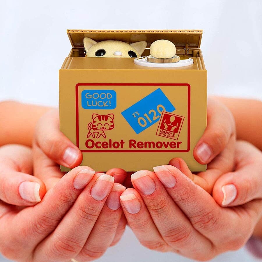 Coin Stealing Cat Money Box (Size 12x10x9cm) - 2xAA Batteries Not Included