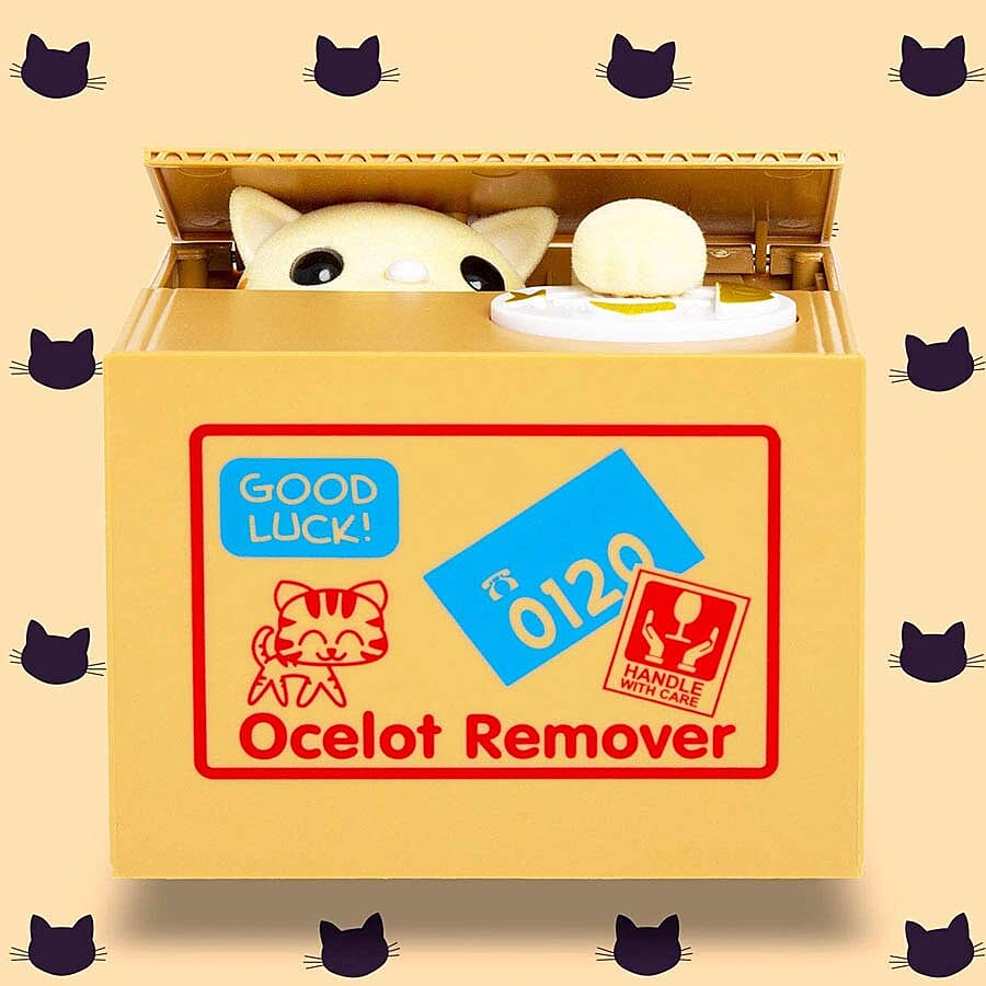 Coin Stealing Cat Money Box (Size 12x10x9cm) - 2xAA Batteries Not Included