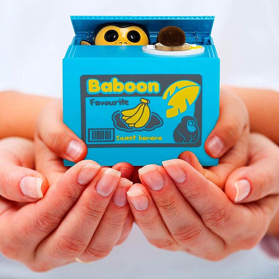 Coin Stealing Monkey Money Box (Size 12x10x9cm) - 2xAA Batteries not included