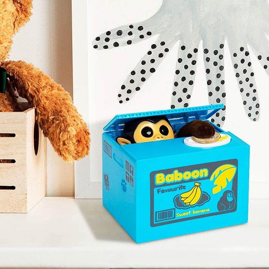 Coin Stealing Monkey Money Box (Size 12x10x9cm) - 2xAA Batteries not included