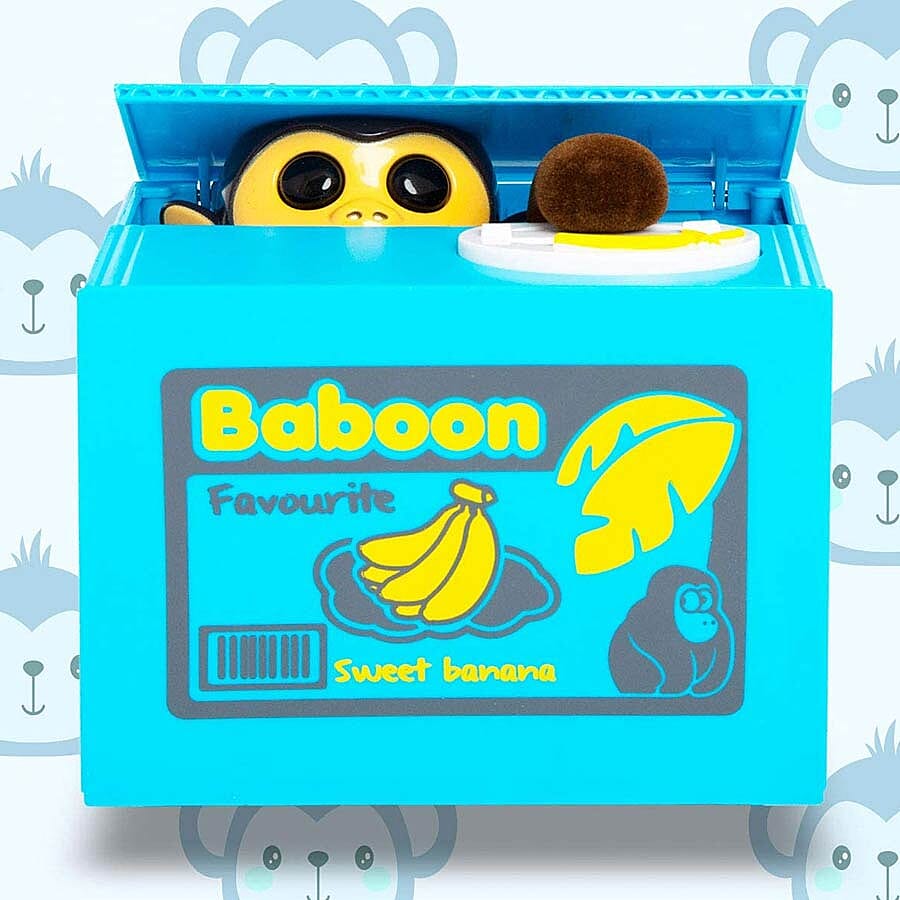 Coin Stealing Monkey Money Box (Size 12x10x9cm) - 2xAA Batteries not included