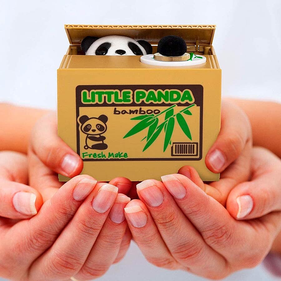 Coin Stealing Panda Money Box (Size 12x10x9cm) - 2xAA Batteries Not Included