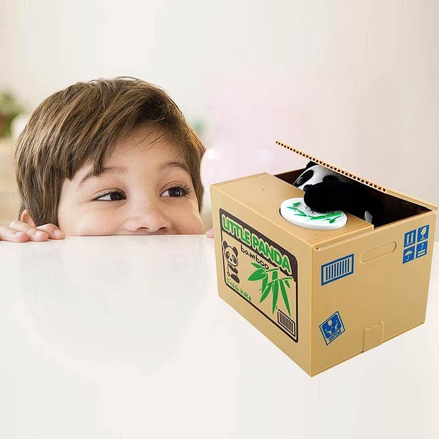 Coin Stealing Panda Money Box (Size 12x10x9cm) - 2xAA Batteries Not Included